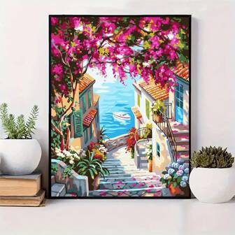 DIY Digital Oil Painting Kit For Adults, 40x50cm, Includes Paint And Brushes, Great For Stress Relief, Paint By Numbers, Handcraft Filling Numbers, Romantic Seaside Town Landscape Design, Room Decor Wall Craft, Mural, Beginner Painting, Ideal Gift For Friends (No Frame)