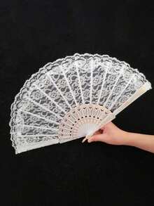 1 件优雅复古中式黑色蕾丝折叠手扇，洛丽塔汉服旗袍摄影道具带流苏