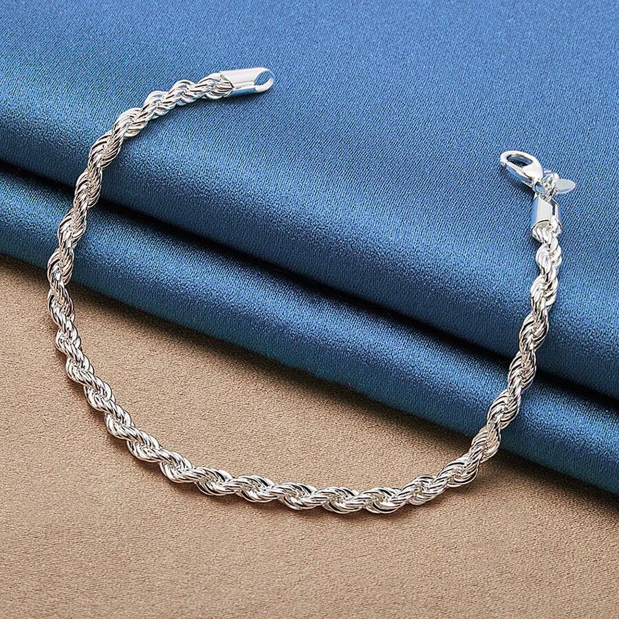 925 Sterling Silver Plated Twisted Rope Chain Bracelet Fashion Unisex Jewelry Ideal Gift For Adults - Elegant Silver Finish