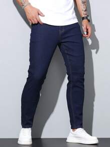 1 pieza Jeans de ajuste ceñido y elástico para hombres, pantalones casuales estilo coreano ajustados