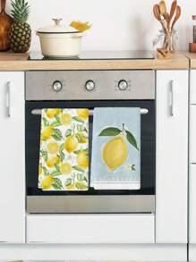 2 Pcs Yellow Plaid And Watercolor Fruit Pattern Kitchen Towels Lemon Print Dish Towels Kitchen Decorative Washing And Drying Dishes