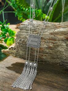 TopHanqi 3 Pieces Of Retro-Style Ancient Silver Geometric Alloy Chain Tassel Long Earrings And Necklace Set For Women In All Seasons, Daily Life And Work, Street Photography, Simple, Fashionable And Elegant Accessories - Antique Silver - View 4