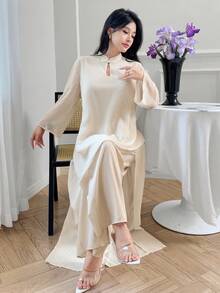 Women's Elegant Asymmetric Chiffon Chinese Button-Up Top And Loose Pants Spring/Autumn New Year Set