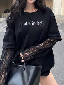 女士时尚宽松字母图案黑色休闲T恤 - 黑色 - 查看 3