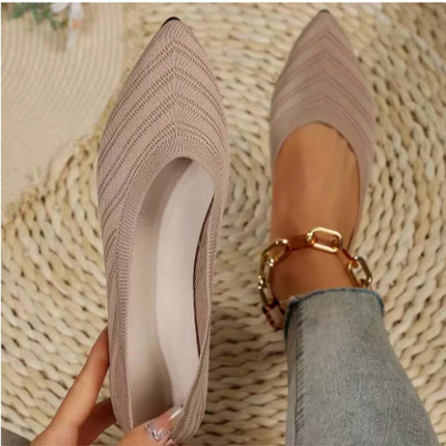 Flache Schuhe mit spitzer Spitze für Damen, einfarbig, gestrickt, zum Reinschlüpfen, lässig, atmungsaktiv, Ballerinas, flache Schuhe, Halbschuhe für Damen