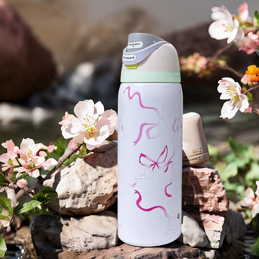 Red Ribbon Insulated Stainless Steel Water Bottle With Straw For Sports, Travel, And School Sports Water Bottle, 32 Oz, 945ml