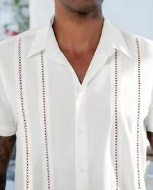 Mens Linen Short Sleeve Shirt Cuban Guayabera Button Down Casual Summer Beach Vacation Wedding Shirthalloween - 草綠色 - 查看 9