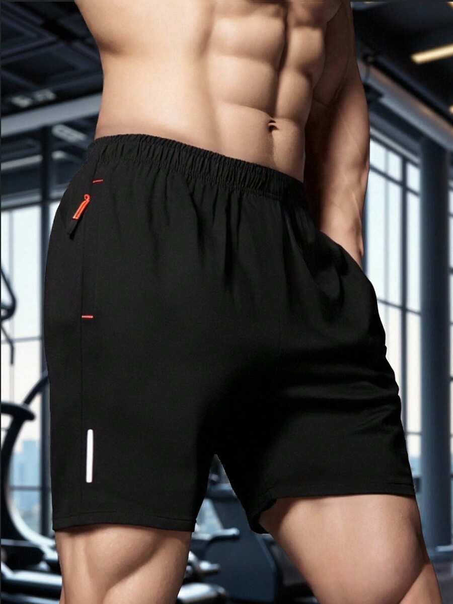 Quần short thể thao chạy bộ, quần thể thao nam, quần short thường ngày in sọc phản quang, túi khóa kéo, quần thể thao khô nhanh - màu đen - Xem 1