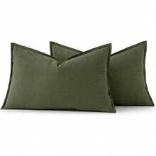 Local Delivery- Decorative Linen Pillow Covers 18x18 Inch Natural Beige ​Boho Farmhouse​ ​Neutral Couch Throw Pillows For Bed Pack Of 2 Accent Outdoor Pillowcase Modern Sofa Cushion Livingroom Home Decor - Dark Olive Green - 查看 9