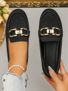 加大码美国 6-10 女士时尚百搭黑色金属扣平底乐福鞋，舒适休闲一脚蹬鞋，适合日常、工作、驾驶、派对
