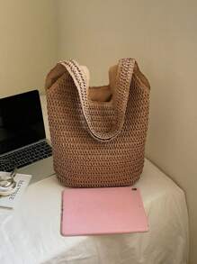 Bolso de playa trenzado de gran capacidad, bolso de mano y monedero de paja de verano, bolso bohemio de hombro para mujeres y damas, bolso de viaje
