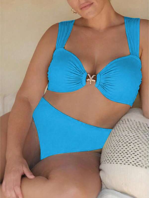 2pcs/Set Plus Size Solid Color Star Decor Sexy Halter Bikini Set, Beach & Pool Swimwear,Metal Starfish Decor,Removable Swimwear Pads,Blue Summer Dresses For Women,Summer Clothes Women,Festival,Skirts,Ibiza Outfits,Swimwear Women,Bikini Set,Swimming Costume Women,Beach Wear Women,Holiday Co Ord,Beach Dress,Bikinis For Women Sets,Swimsuit