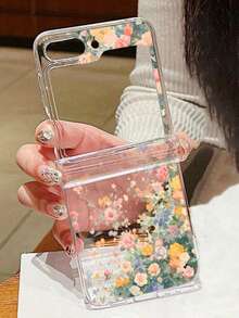 浪漫花卉油画图案手机壳，兼容三星 Galaxy Z Flip5 Z Flip4 Flip6 Flip3 5G，可爱花卉透明硬壳，夏季必备 - 無色 - 查看 3