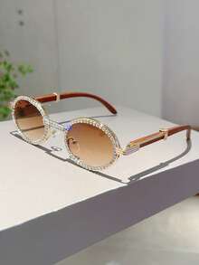 New Retro Oval Frame Fashion Glasses With Wooden Grain Temples, Sparkling Rhinestone Decoration, Brown Lenses Preppy Style For Back To School Oval Shape Rhinestone Decor - C5 Gold Frame Tea - View 1