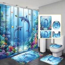 4 Peças Conjunto de Cortina de Chuveiro com Coral de Golfinho, Mundo Subaquático Azul com Peixes e Algas Marinhas, Inclui 12 Ganchos, Tampa de Assento Sanitário, Tapete em Forma de U Antiderrapante, Tapete de Banheiro e Acessórios de Banheiro Laváveis em Máquina Voltar às Aulas