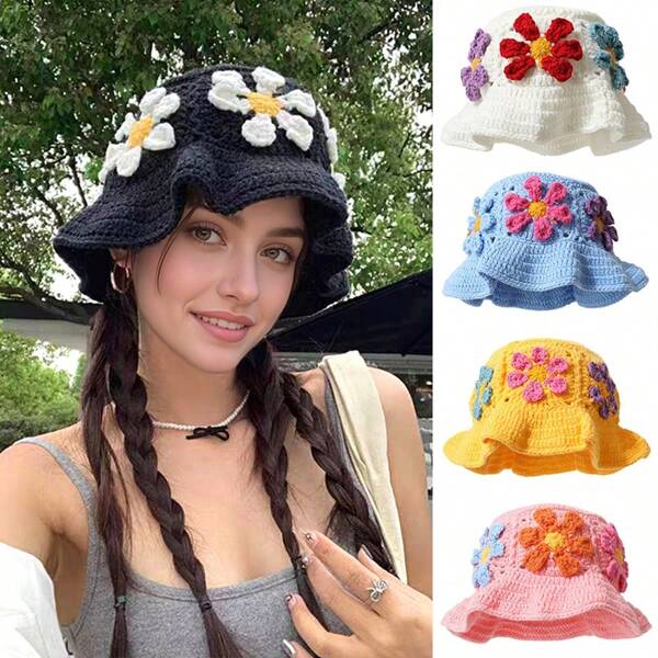 1 pieza Sombrero cubo hecho a mano a ganchillo para mujer - diseño floral, ligero y elástico, sombrero de verano para viajes y playa, accesorio esencial de vacaciones, estilo juguetón, tela transpirable, accesorio de moda