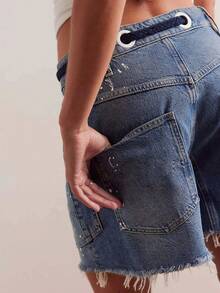 Drawstring Jean Shorts Womens Casual High Waisted Straight Leg Baggy Denim Shorts Summer Loose Fit Short Jeans Y2K - Dark Wash - View 3