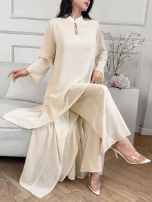 Women's Elegant Asymmetric Chiffon Chinese Button-Up Top And Loose Pants Spring/Autumn New Year Set