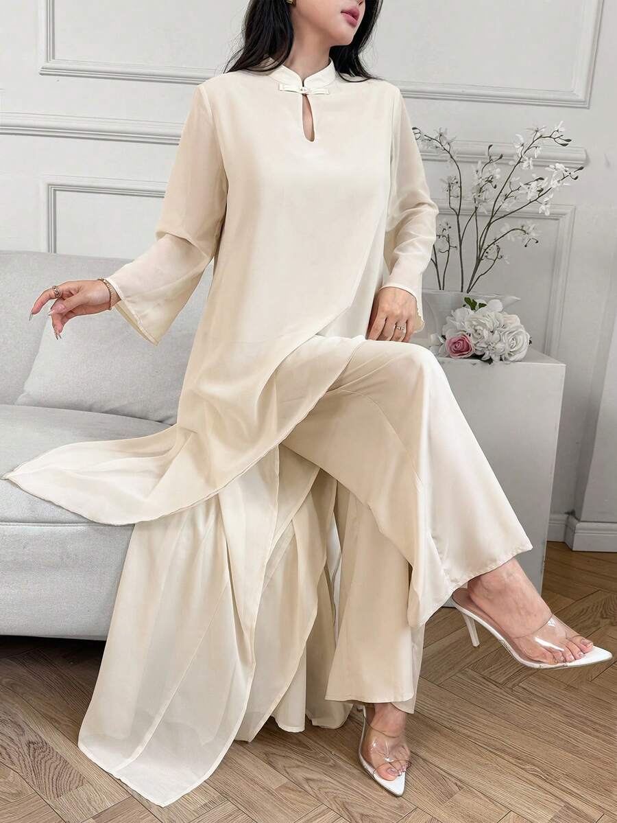 Women's Elegant Asymmetric Chiffon Chinese Button-Up Top And Loose Pants Spring/Autumn New Year Set