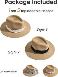 3pcs/Set Boho Style Woven Jazz Hat, Summer Vacation Hat - Khaki + Black/beige Ribbon - View 9