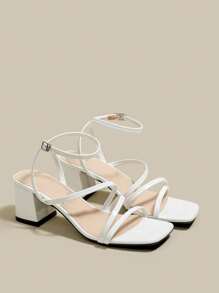 Women's Patent Leather White High Heel Sandals With Criss Cross Strappy Open Toe Chunky Heels, Lace Up Strap Sandals For Summer