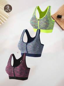 3pcs/Set Women's Wireless Sports Bra, Quick Dry, Shock Resistant, Zipper Front Yoga Padless Racerback Top - Multicolor - View 2