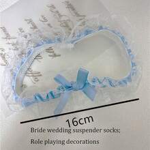 1 件蓝色蝴蝶结吊袜带，性感蕾丝吊袜带，适合新娘婚礼，带蝴蝶结和松紧带，可爱的新娘吊袜带配件，适合角色扮演和婚礼抛掷 - 藍色 - 查看 4