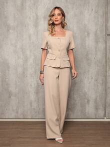 Women's Luxury Vest And Trousers Set - Simple Elegant Tailoring Casual Buttons On The Front Pocket Fake Pockets Office - 米色 - 查看 1
