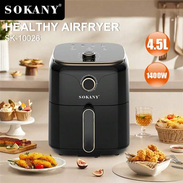 SOKANY SOKANY 10026 Freidora de aire multifuncional para el hogar, capacidad grande de 4.5L, máquina todo en uno. Potencia alta de 1400W, se puede hornear rápidamente. La temperatura llega hasta 200 grados. El menú superior es para fácil referencia. Forro de acero inoxidable, fácil de limpiar. Muy apropiado para papas fritas, alitas de pollo fritas, pollo a la parrilla, tartas de huevo al horno, tocino para la familia