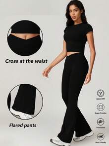 NcmRyu 2Piece Set Women's Solid Crop High Waist Biker Pants Tracksuit Set, Flare Bottoms Legging Streetwear Tracksuit, Sporty Breathable Comfy Outfits For Gym Workout Running, Ladies Sportswear, Minimalistic Outfit - 黑色 - 查看 1