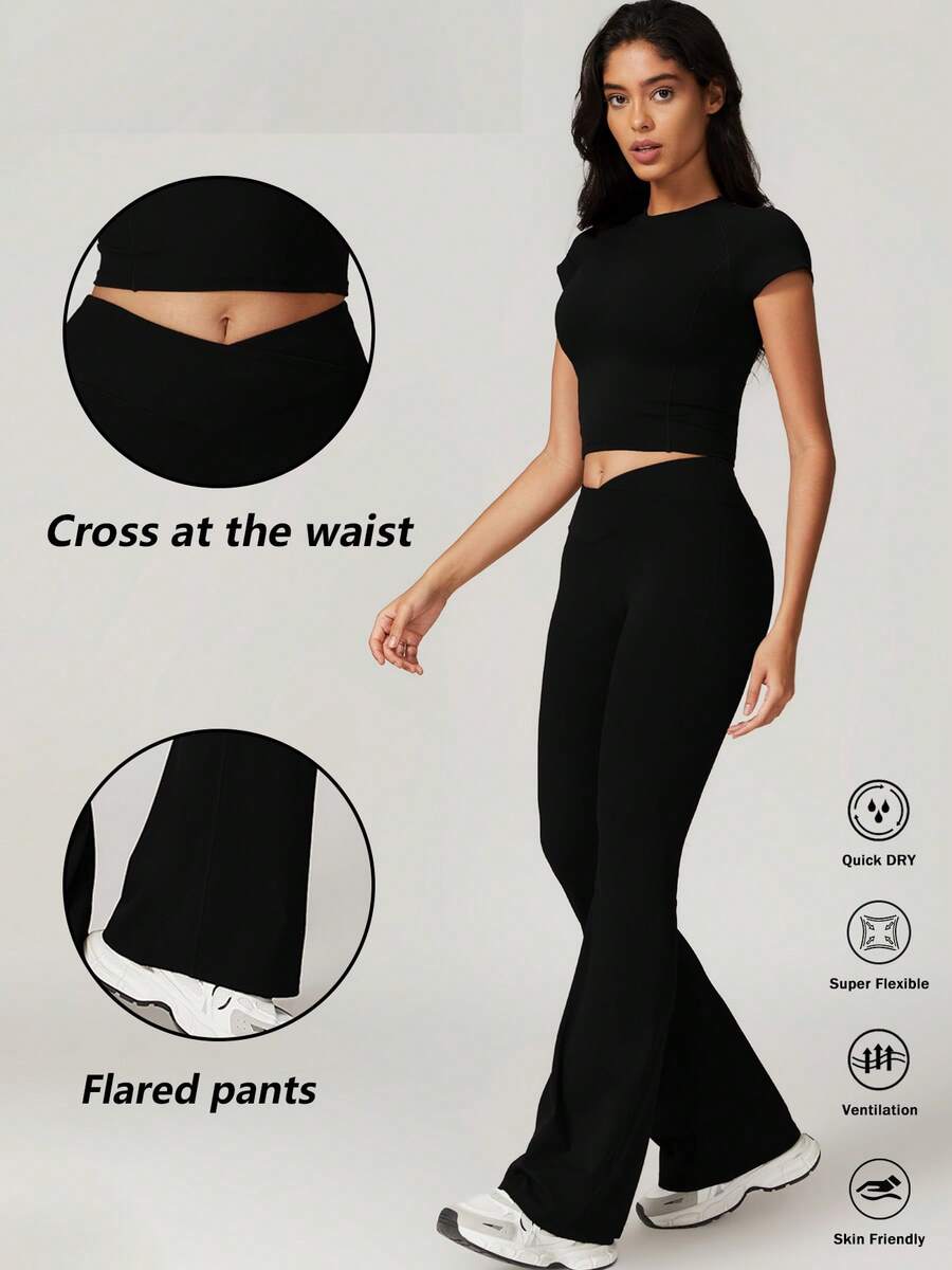 NcmRyu 2Piece Set Women's Solid Crop High Waist Biker Pants Tracksuit Set, Flare Bottoms Legging Streetwear Tracksuit, Sporty Breathable Comfy Outfits For Gym Workout Running, Ladies Sportswear, Minimalistic Outfit - 黑色 - 查看 1