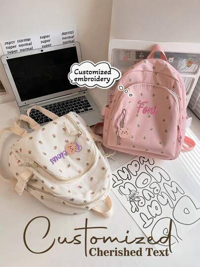 1pc Personalized Ditsy Floral Canvas Backpack, College Style Versatile Bag, Fashion Floral Canvas Bookbag, Cute Mini Printed Backpack, Suitable For Kindergarten, Elementary, Middle School Students, Ideal For Daily School, Travel, Vacation, Can Be Gift For Family, Friends, Back To School, Birthday