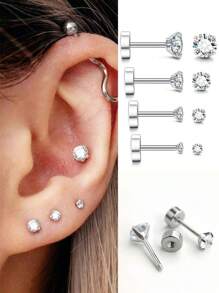 2/8 piezas Aretes con tachas de acero inoxidable hipoalergénico con CZ transparente incrustado, 20G rosca interna Labrete Medusa Conch Trago, 3mm 4mm 5mm 6mm, decoración de joyería de piercing para mujeres y hombres