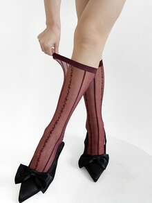 1 Pair French Vertical Striped Jacquard Sheer Lace Knee-High Stockings, Cozy Socks - Multicolor - View 4
