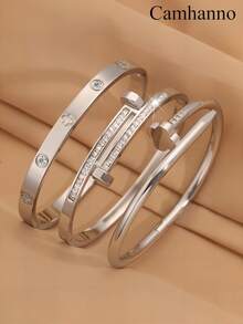 Camhanno 3 件套休闲多色不锈钢手链套装，采用独特的钉子双头锤设计，饰有四叶花元素，非常适合日常佩戴，可作为男女礼物，时尚珠宝 - 彩色 - 查看 2