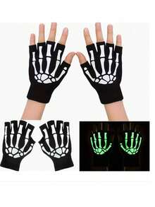 1 双万圣节派对尼龙绗缝荧光半指手套，夜光设计，适合所有季节