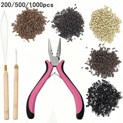 Kit de extensiones de cabello con microlinks de 200/500/1000 piezas, 3 piezas de herramientas de microlinks (pinzas, abridor y herramienta de remoción) para extensiones de microanillos, nanoaros o de plumas, color rosa