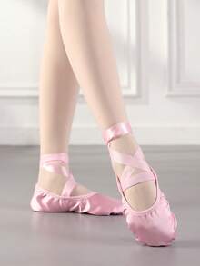 系带芭蕾舞鞋、室内软底舞蹈鞋、瑜伽鞋、练习鞋、平底鞋、缎面面料、舒适耐用的粉色女式舞蹈鞋 - 粉色 - 查看 4