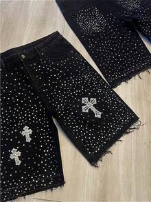 Pantalones cortos de mezclilla con diamantes estilo hip-hop cruzados y rectos nuevos, jeans de cinco bolsillos - Negro - Ver 1