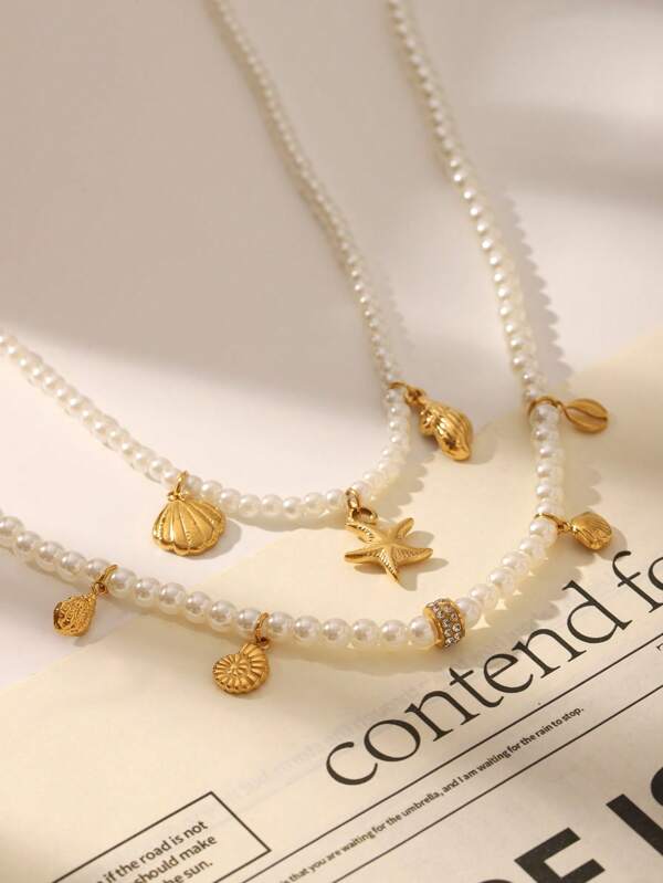 1pc, 18k Golden Plated, Stainless Steel Ocean Series Pendant Faux Pearl Necklace, Classic Luxury Stainless Steel Jewelry For Women, Wedding Graduation Holiday Gift