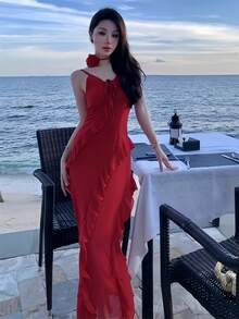 Romantic Date Spaghetti Strap V-Neck Backless Slit Bodycon With Asymmetrical Ruffle Trim Dress For Women Summer Beach Vacation Outfits Evening Party Robe - Red - View 1