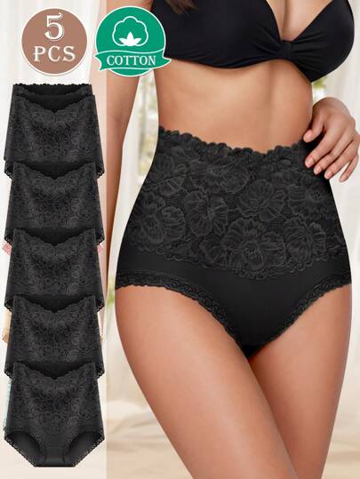 MIOTAN 5pcs Women High Waist Slimming Lace Patchwork Jacquard Pattern Briefs