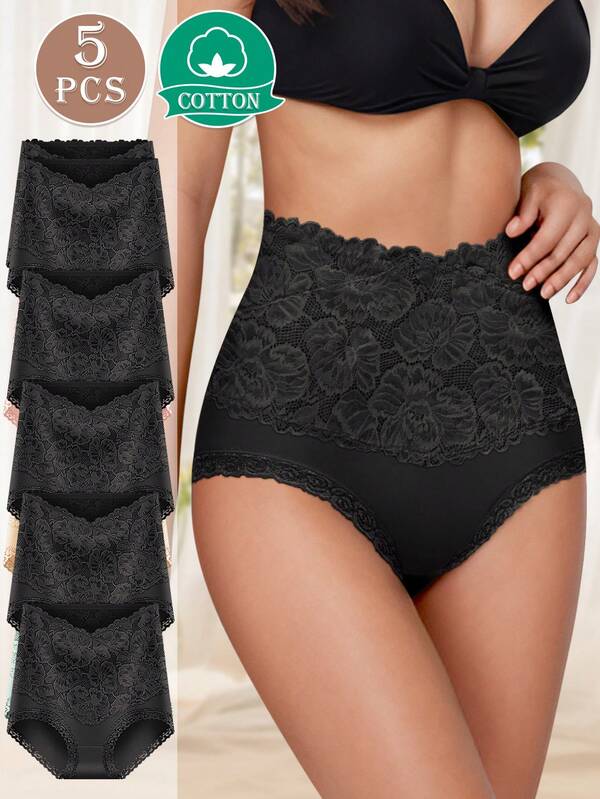 MIOTAN 5pcs Women High Waist Slimming Lace Patchwork Jacquard Pattern Briefs