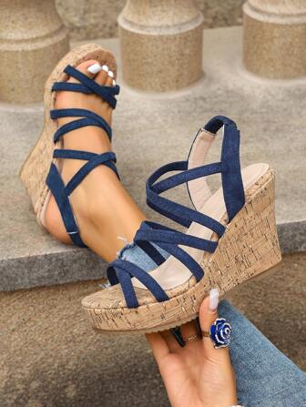 Women's Summer Strap Soft Cork Wedge Sandals - Open Toe Design, High Heel Thick Sole Khaki Wedge Sandals, Casual Beach Essential, Woven Sandals