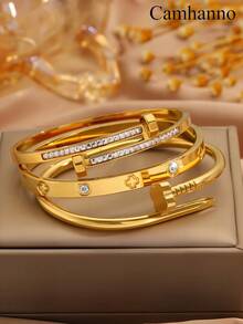 Camhanno 3 件套休闲多色不锈钢手链套装，采用独特的钉子双头锤设计，饰有四叶花元素，非常适合日常佩戴，可作为男女礼物，时尚珠宝 - 彩色 - 查看 9