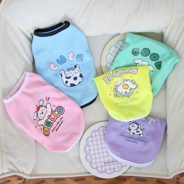Ropa de verano para mascotas, camisa de chaleco de malla transpirable para gatos y perros, diseño de patrón de dibujos animados lindo, adecuado para Teddy y Poodle
