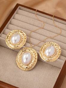 Bộ 3 chiếc/Bộ dây chuyền và hoa tai mặt dây chuyền bằng vàng và ngọc trai thời trang thanh lịch dành cho nữ, thích hợp để đeo hàng ngày hoặc dự tiệc - Vàng - Xem 2