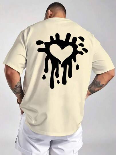 Plus Size Men's Heart Print Round Neck Short Sleeve Casual T-Shirt