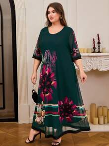 DEARCASE Vestido de talla grande con estampado gráfico y ribete contrastante