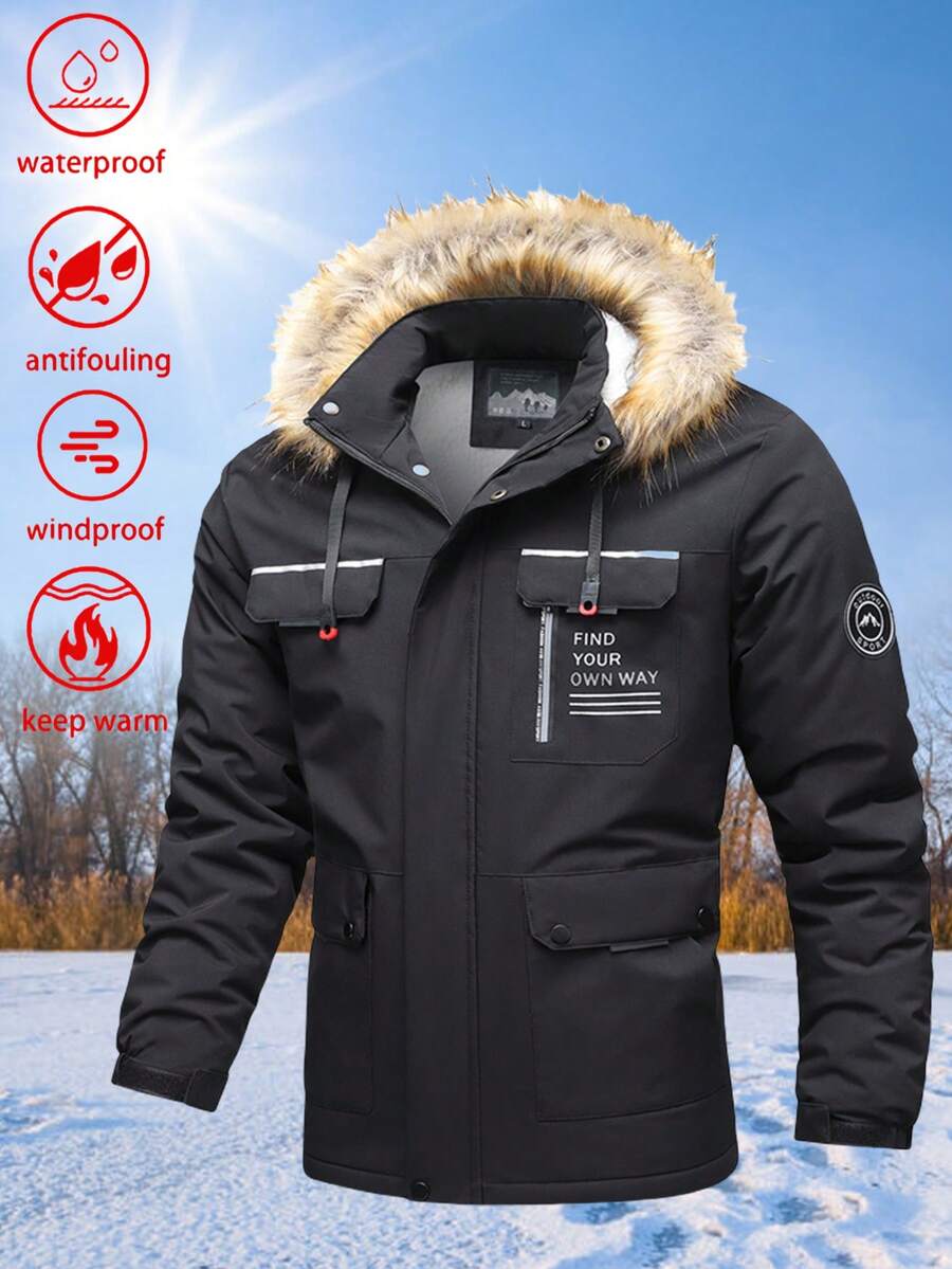1pc Men's Boyfriend Style Lightweight Outdoor Hiking Camping Running Cycling Windproof Waterproof Insulated Hooded Parka Jacket, Autumn/Winter - Black - View 1